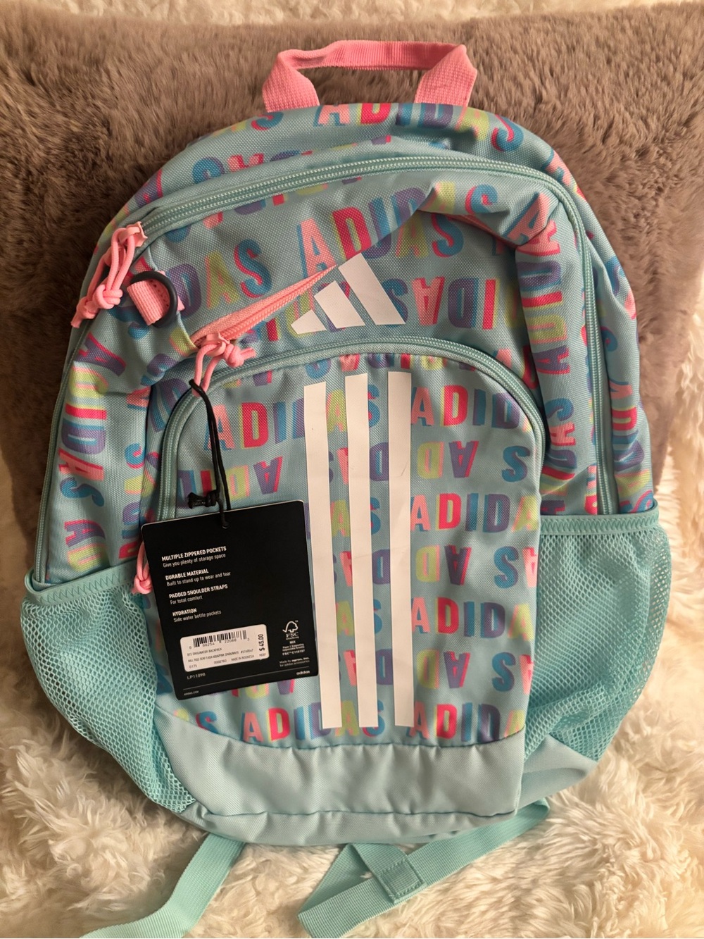 adidas Kids Mint Backpack with Multicolor Logo Print